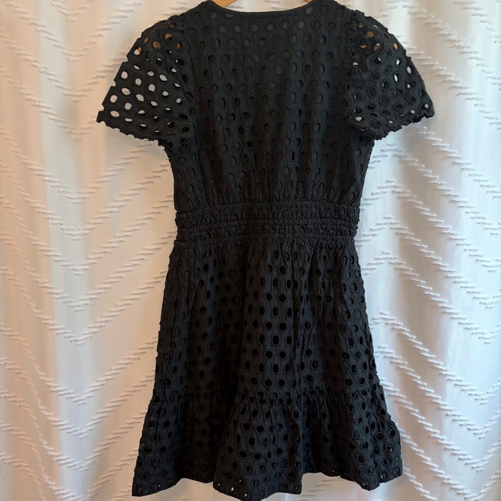 NWT Quince Womens Organic Cotton Eyelet Mini Tiered Dress Black Smocked Waist S - Picture 2 of 7